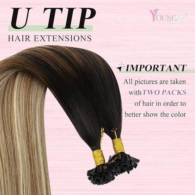 YoungSee U Tip Hair Extensions Brown Balayage Utip Hair Extensions Human Hair Brown Ombre Blonde Utip Human Hair Extension 16In U-Tips Hair Extension Soft Keratin Human Hair 50s/50g for Adding Volume