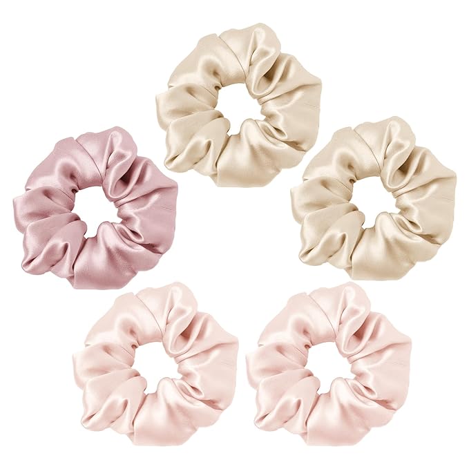 LILYSILK Silk Hair Scrunchies Ties for Frizz & Breakage Prevention 100% Mulberry Elastic Ponytail Holder 5PC (2 gravel gold+2 pale pink+1 rosy pink)