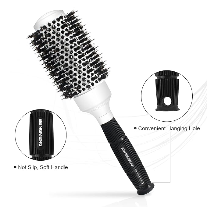 Round Brush with Boar Bristle, Ball Tip Round Hair Brushes for Women Blow Drying, 2 Clips and 1 Comb Included (2.9" & Barrel 1.7")…