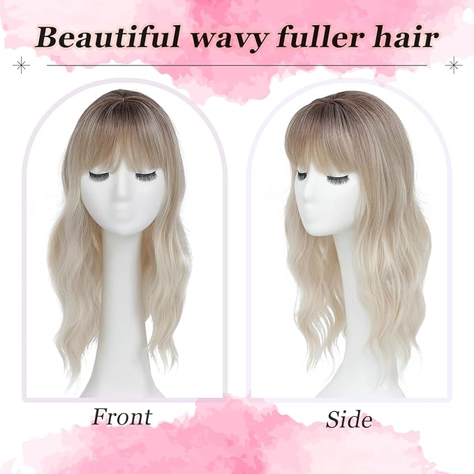 Hair Topper, 360° 3D Hair Toppers for Women with Thinning Crown, 20 Inch Long Wavy Curly Hair Pieces Clip in Bangs (Ash Blonde Mix Highlights with Brown Root, 20 inch, French Bangs)