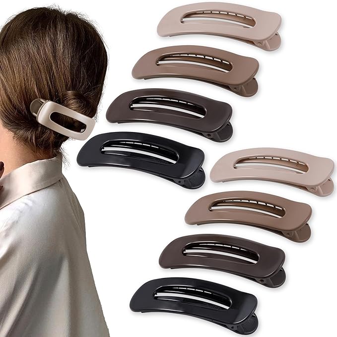 8 Pcs Large Lay Flat Claw Clips for Women French Side Slide Barrettes for Thin Fine Hair Rectangle Alligator Hair Accessories,Bright Black Brown