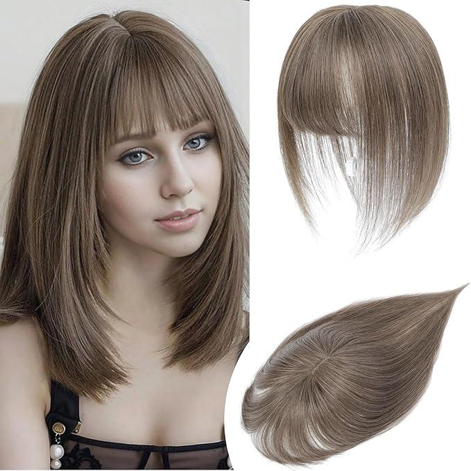 YAMI Hair Toppers for Women Real Human Hair Toppers for Women with Thinning Hair Topper with Bangs and All Hand-woven Swiss Base (Dark Ashy Brown)