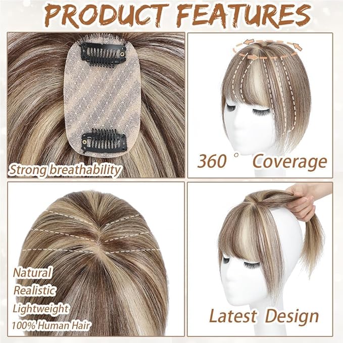 Amchoice Hair Toppers for Women Real Human Hair, Bangs Hair Clip 360° 3D Cover Bangs, Human Hair Toppers for Women Daily(P4/27, 3D French Bangs (5 * 9))