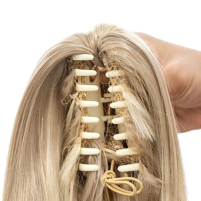 SWACC 28-Inch Long Straight Claw Clip Ponytail Extensions Synthetic Hair Extensions Ponytail Jaw Clip Hair Pieces for Women (Dark Honey Blonde/Bleach Blonde Highlights-16H613)