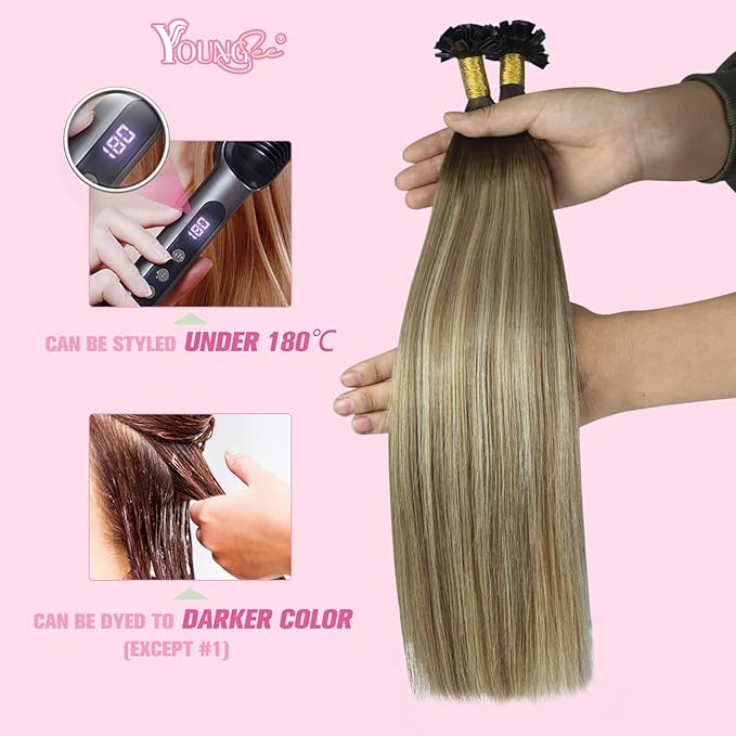 YoungSee K Tip Hair Extensions Balayage 18In Keratin Hair Extensions Human Hair Ombre Dark Brown to Brown with Blonde Straight 50s/50g