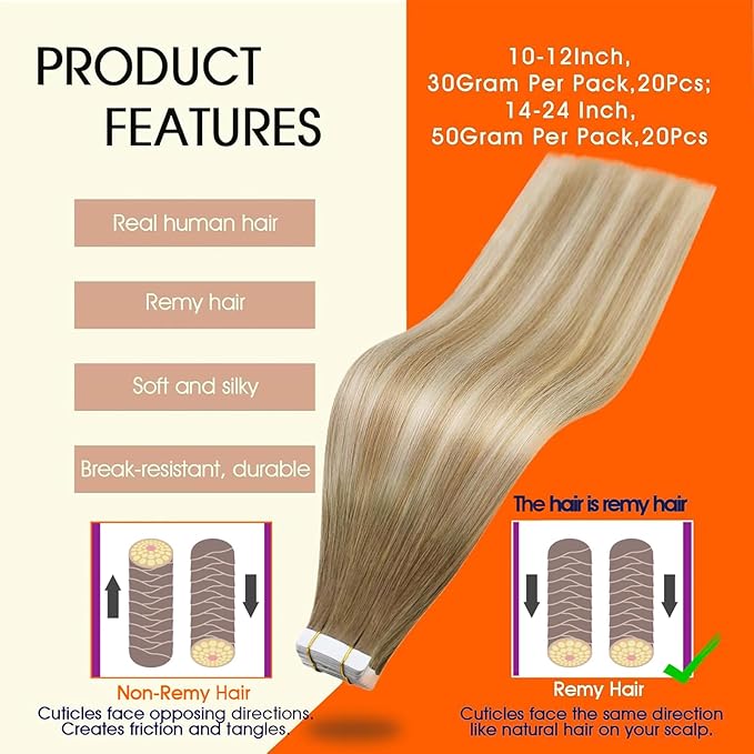 Full Shine Ombre Tape in Hair Extensions Real Human Hair Color 6/27/60 Balayage Blonde Invisible Tape in Extensions 30G Remy Hair Extension 12Inch Straight Seamless Skin Weft 20Pcs Silky Soft