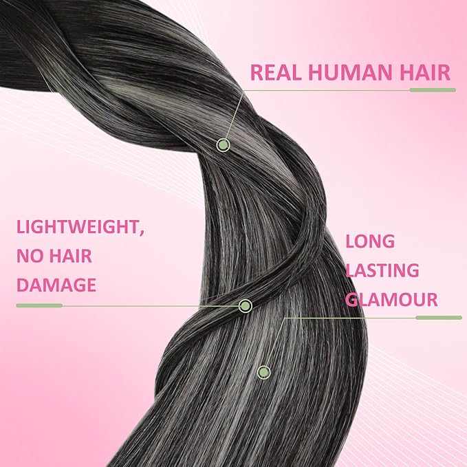 YoungSee Black Tape in Hair Extensions Human Hair Invisible Tape on Human Hair Extensions Ombre Black to Silver Real Hair Tape-in Extension for Women Silky Straight Hair Extensiones 18In 50g 20pcs