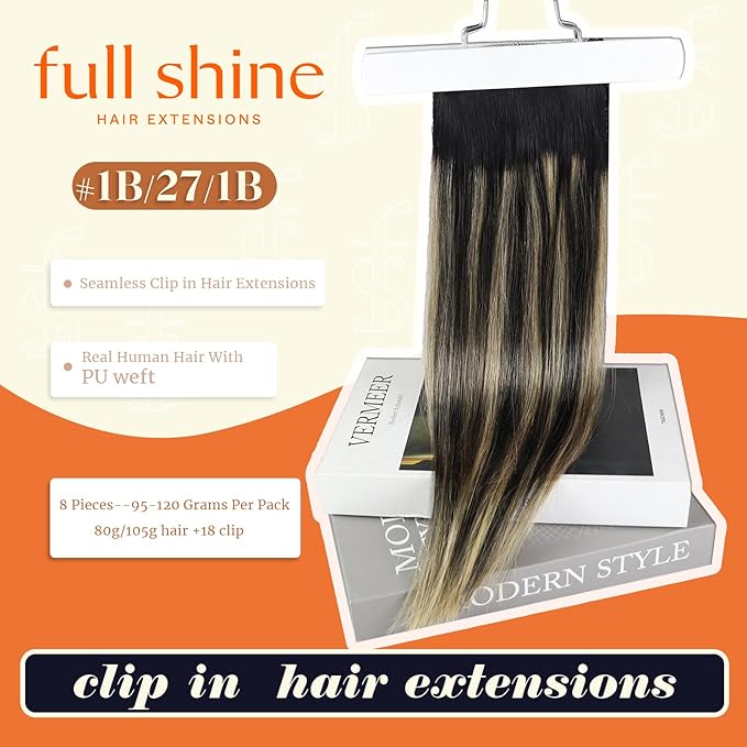 Full Shine Human Hair Clip in Extensions Black Balayage Seamless Clip ins Hair Extension With PU Weft Black Ombre Caramel Blonde Invisible Hair Extension Longevity 20 Inch 120 Grams 8 Pcs