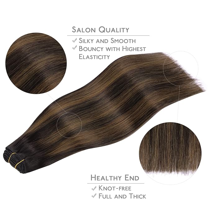 WENNALIFE Clip in Human Hair Extensions, 14 Inch 120g 7pcs Natural Black to Chestnut Brown Balayage Remy Clip in Hair Extensions Real Human Hair Double Weft