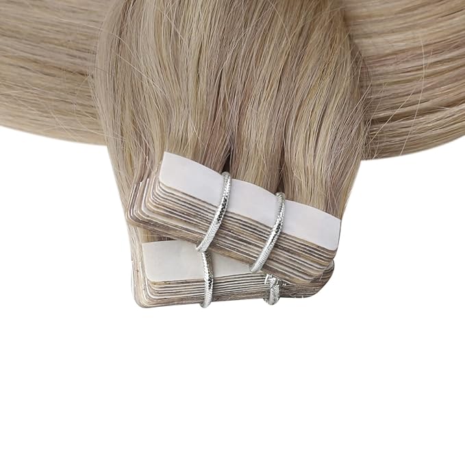 Full Shine Straight Human Hair Extensions Tape in 18Inch Seamless Hair Extensions Real Human Hair Highlighted Hair Extensions Ash Blonde with Platinum 20Pcs 50Grams Add Volume Remy Hair Extensions