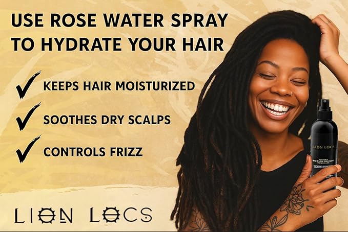Lion Locs Rosewater Spray for Dreads, Dreadlocks, Braids, Faux Locs, Crochet Locs, Sisterlocks with Aloe, Essential Oils, Vitamins, and Glycerin | Organic Vegan Conditioner Rose Water Spritz (8 oz.)