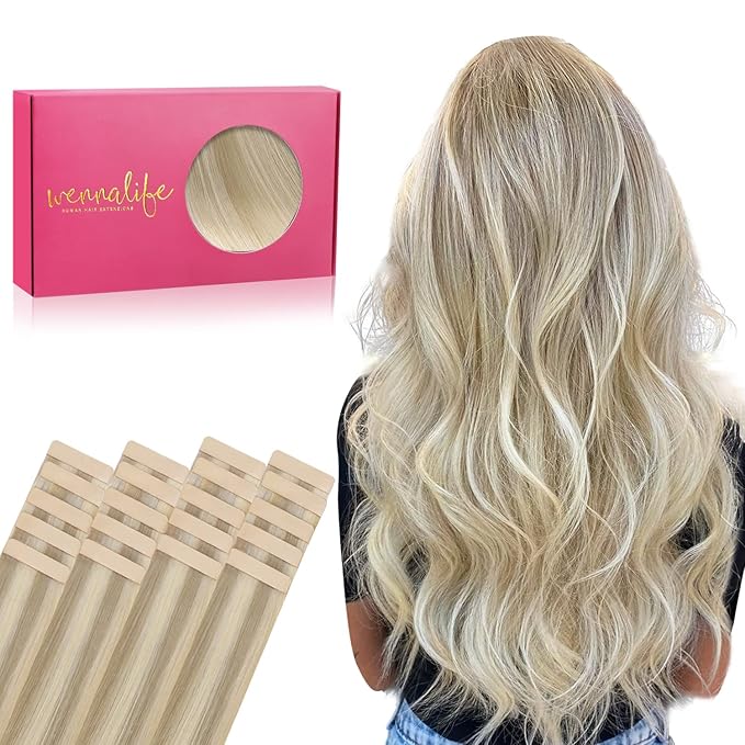 WENNALIFE Tape in Hair Extensions Human Hair, 20pcs 40g 12 inch Ash Blonde to Golden and Platinum Blonde Remy Hair Extensions Straight Human Hair Tape in Extensions Skin Weft