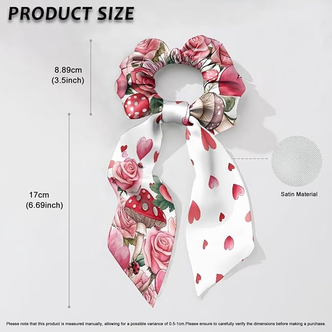 Heart Rose Mushroom Satin Hair Tie Thick Hair Valentine's Day Pack of 2 Knotted Bow Hair Scrunchies Elastic Hair Scarf Bow Scrunchy for Women