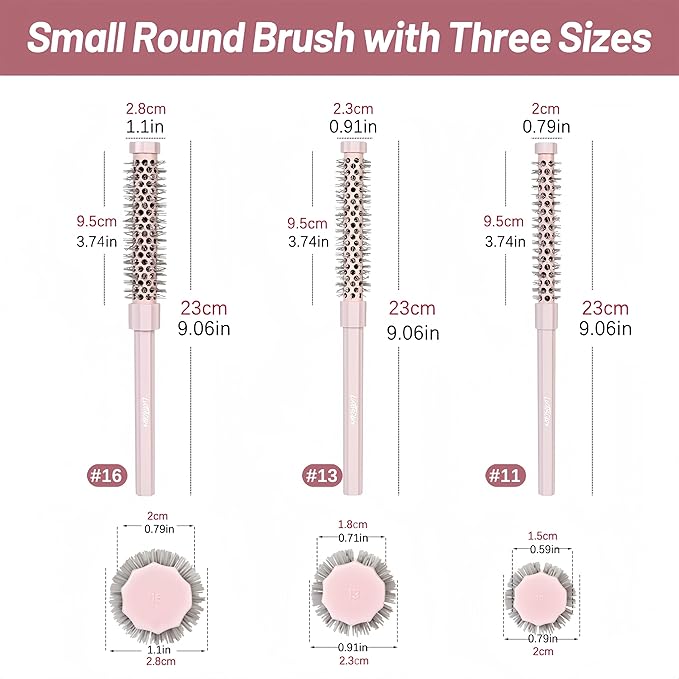 3pcs Small Round Hair Brush for Short Hair - Barrel Hair Brush for Blow Drying, Aluminum Round Brush for Bobs, Bangs, Lobs, Roots, Curling, Pixie Cuts, Straight Hair - Pink