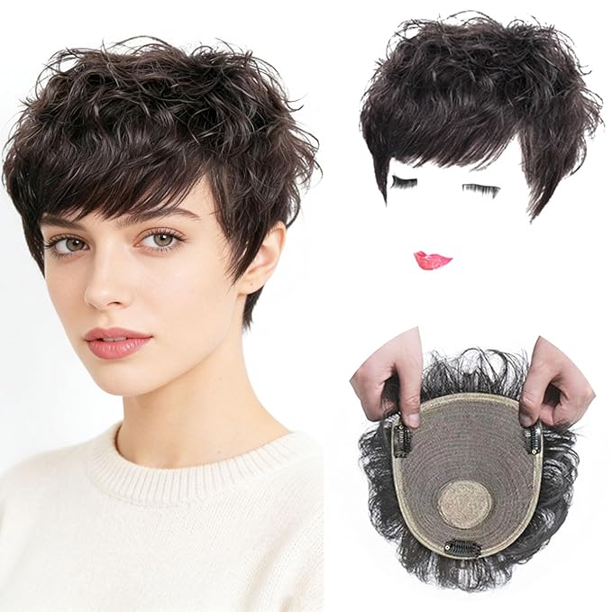 Short Human Hair Topper for Women with Hairloss,Invisible Clip in Short Curly Topper Hairpiece with Large Mesh 6.3x7 Ins and Silk Top Base Natural Fluffy Wiglet Hairpiece Dark Brown