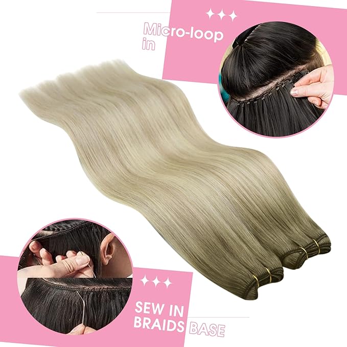 YoungSee Hair Extensions Weft Ash Blonde Sew in Hair Extensions Balayage Ash Blonde Mix Platinum Blond Weft Hair Extensions Human Hair Soft and Silky Straight Hair 20Inch 100G