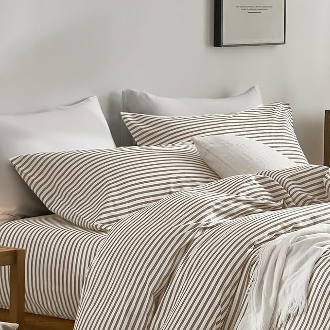 JELLYMONI 100% Natural Cotton Striped King Pillowcases Set, 2 Pack White and Khaki Stripes Pattern Printed Pillow Covers with Envelope Closure(Pillows are not Included)