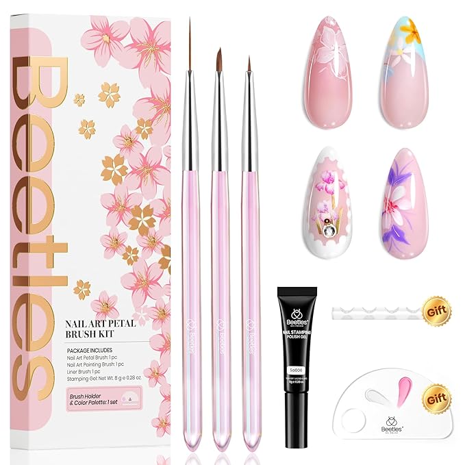 Beetles Nail Art Brushes Set for Gel Polish 3 Pcs Nail Art Design Pen and One White Painting Gel All-in-One Petal Brush Kit Flower DIY with Palette Dotting Manicure Tool Set