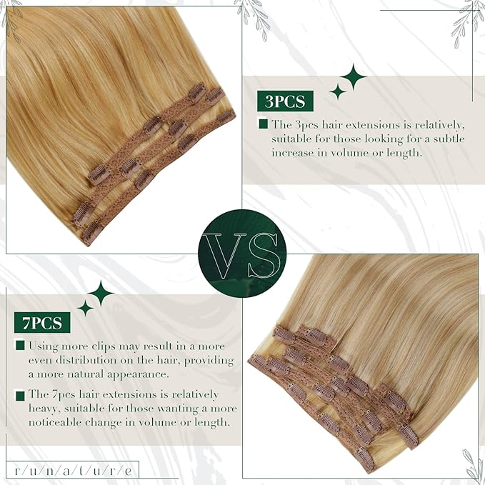 RUNATURE Real Human Hair Clip in Extensions Blonde, 14 Inch Clip in Hair Extensions Human Hair, Remy Hair Extensions Clip Ins, Easy to Maintain, 50g 3pcs #16P24 Golden Blonde Highlight