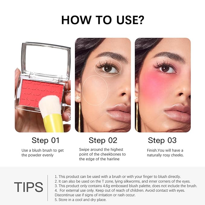 MAEPEOR Embossed Blush 6 Colors Smooth Blendable Face Blush Long-Lasting Natural Look Blush Powder Blush for Cheeks (04 Coral)