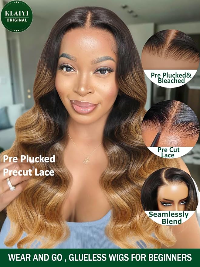 KLAIYI Ombre Highlight Blonde Loose Wave Pre Everything Glueless 13x4 Lace Front Wigs Human Hair Drawstring Balayage Brown Pre Cut Pre Plucked Bleached Ready to Wear and Go Wig with Dark Roots 16Inch