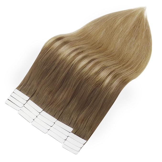 Full Shine Human Hair Tape in Extensions 50Gram Color Gold Brown to Dark Blonde 10/14 20PCS 20INCH Tape Hair Extensions Real Human Hair Adhesive Double Sided Add Length Skin Weft
