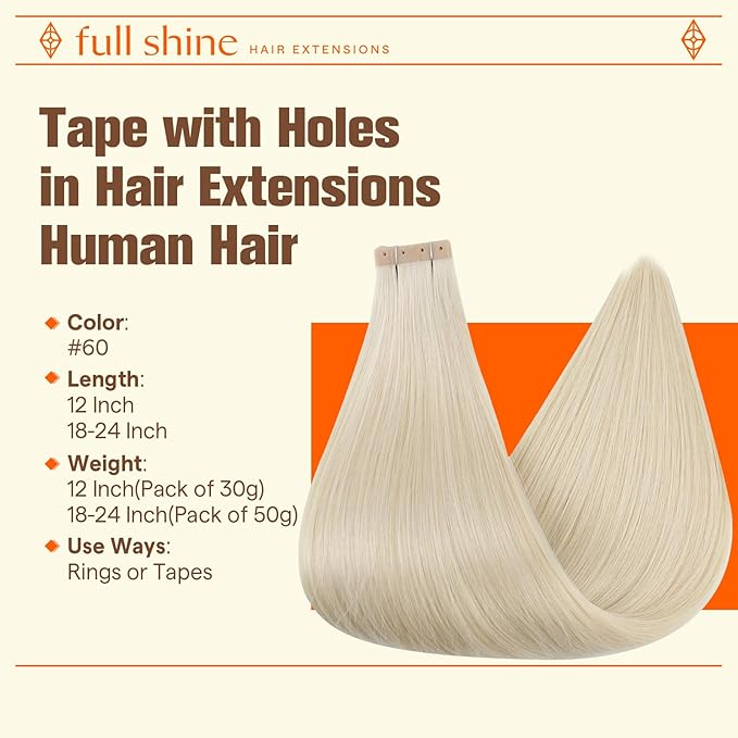 Full Shine Invisible Tape in Hair Extensions Human Hair Color 60 Bleach Blonde 20Inch Blonde Human Hair Tape in 20PCS 50G Holed Tape in Extensions PU Weft for Wedding Brazilian