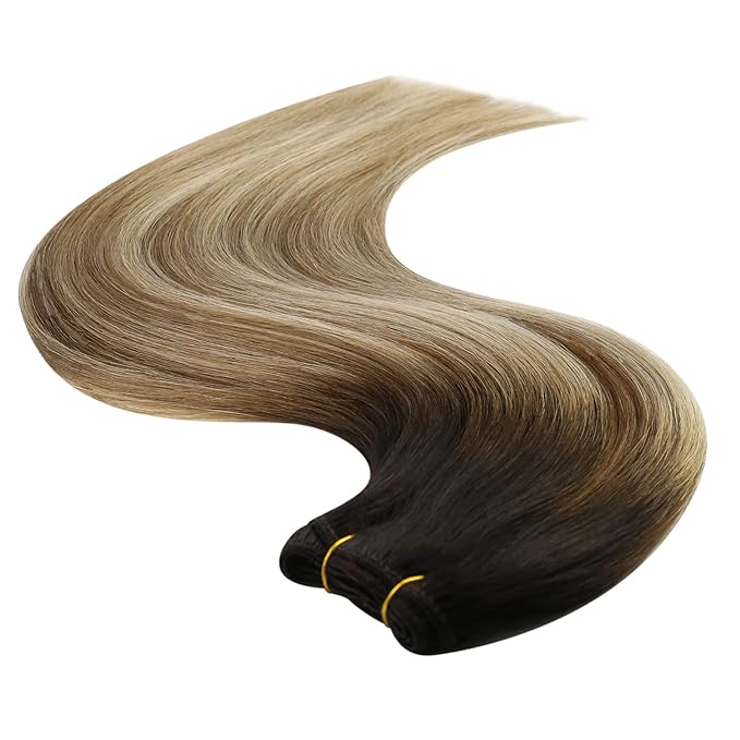 YoungSee 125g Human Hair Sew in Extensions Brown Balayage Sew in Hair Extensions Balayage Darkest to Medium Brown with Blonde Weft Hair Extensions Human Hair for Full Head 22Inch