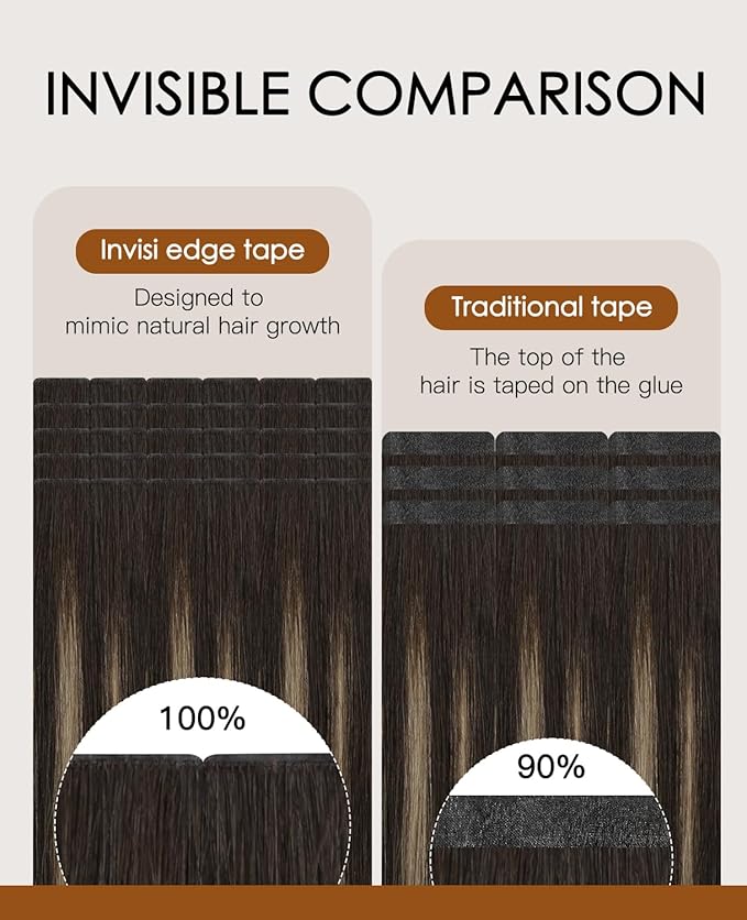 VINBAO 60g Invisi Edge Tape in Extensions Human Hair Balayage, Dark Brown Mixed Chestnut Brown Ombre 20pcs Injected Tape in Hair Extensions Invisible 22inch #2/6/2