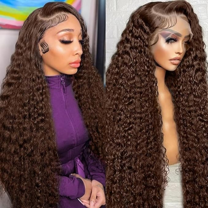 22 Inch Chocolate Brown Deep Wave Lace Front Wigs Human Hair Pre Plucked 200% Density 13x6 HD Lace Frontal Wigs with Baby Hair Deep Curly Wet and Wavy Glueless Wigs for Women (4# Brown, 22 Inch)