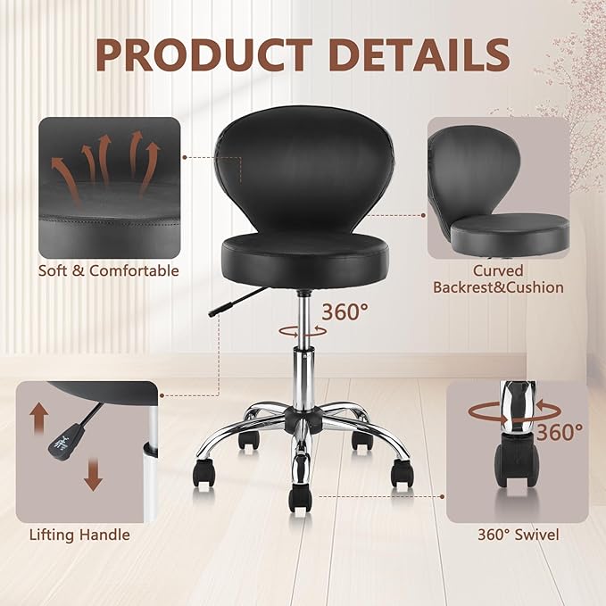 Leather Rolling Swivel Salon Stool Chair with Back Support Adjustable Hydraulic Seat Height 22 in for Office Massage Facial Spa Medical Drafting Tattoo Beauty Barber
