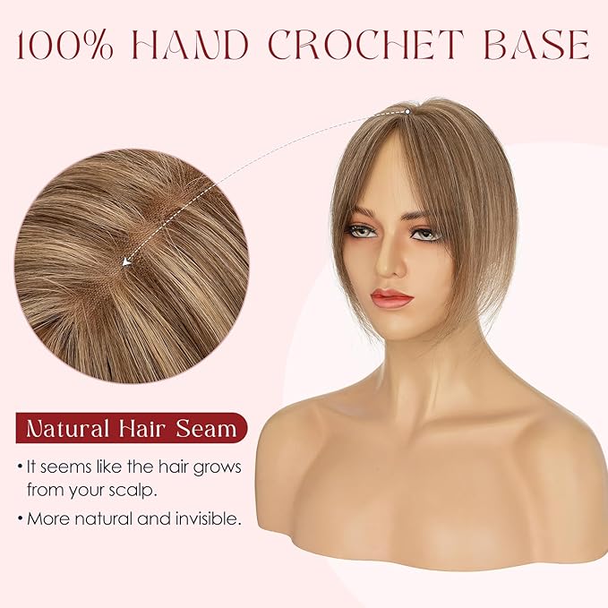 Human Hair Topper with Bangs for Women, 360° Cover Clip in Curtain Bangs Hair Toppers Hair Piece with Highlights 3.15x4.33 Hand-tied Base Medium Brown&Dark Blonde