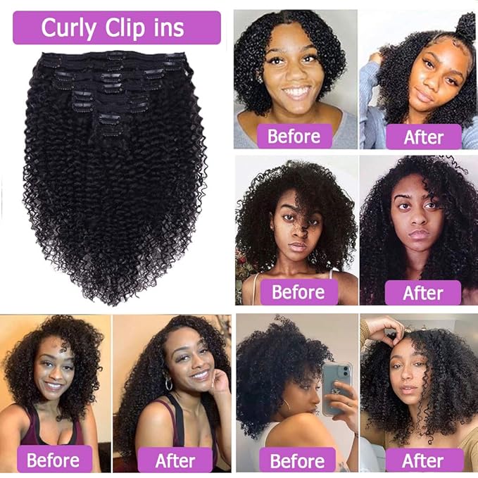 Curly Clip In Extension Human Hair 3C 4A Kinky Curly Clip Ins Full Head for Black Women Brazilian Remy Human Hair Natural Color 8Pcs with18clips 120g/Set (28 inch, curly wave)