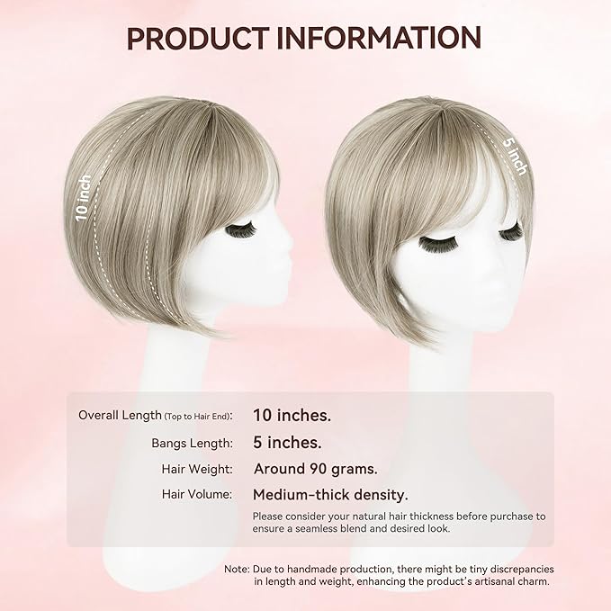 LEEONS Hair Topper for Women - Short Bob with Bangs & Side Part - Synthetic Wig Topper for Thinning Hair - Short Straight Bob - Ivory Blonde