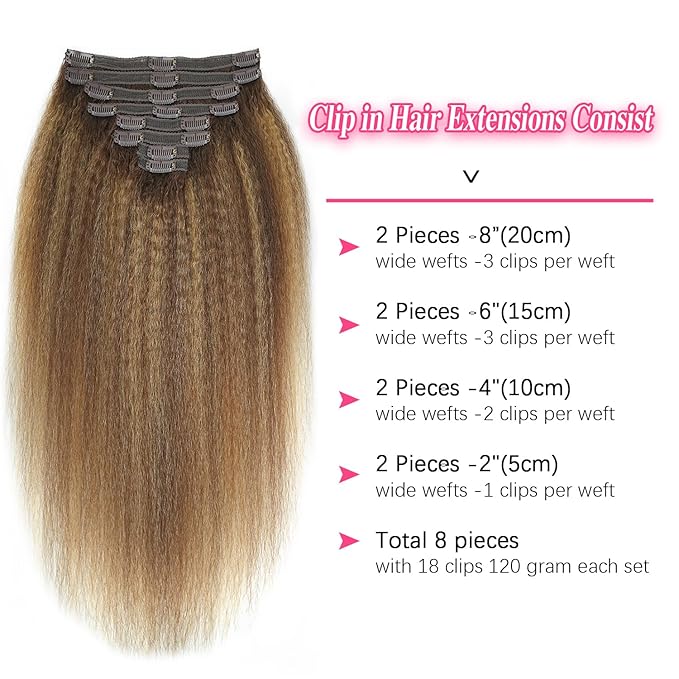 Kinky Straight Clip in Hair Extensions Real Human Highlight Clip ins For Women Unprocessed Clip on Hair Extensions(16inch,#4/27/4)