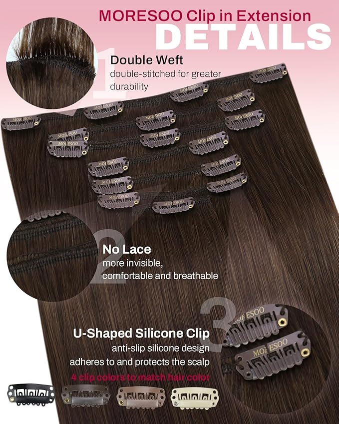 Moresoo Brown Clip in Hair Extensions Remy Straight Double Weft Real Hair Extensions Clip in Human Hair Medium Brown #4 Full Head Set 7pcs 120Gram 18 Inch