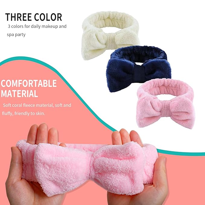 WSYUB 3Pcs Spa Headband, Makeup Headband for Washing Face, Bow Headbands for Women, Fluffy Skincare Headbands Microfiber Bow Knot Hair Band, Pink, Yellow, Dark Blue