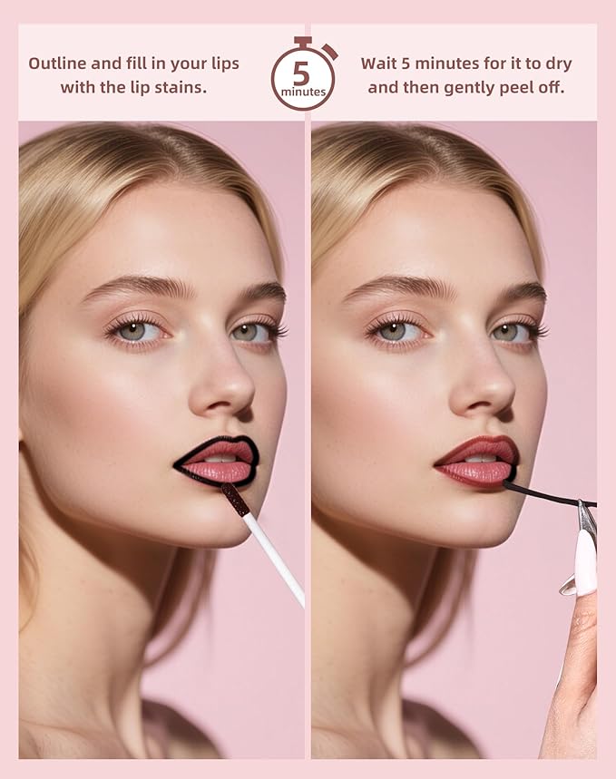 KIMUSE Peel Off Lip Stain, Long Lasting Lip Stain Peel Off with Tweezer, Waterproof Lip Liner Stain, Transfer-Proof, Highly Pigmented Color, Matte Finish