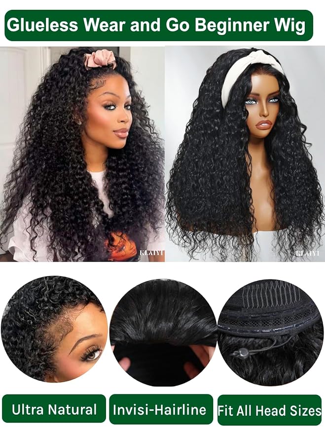 KLAIYI Water Wave 3 In 1 Flip Over 3/4 Half Wig Human Hair Curly Flip Over Seamless Blend Edges Glueless Wear and Go Drawstring Headband Clip In Wigs for Women Ready to Go Wig Beginner Friendly 24Inch