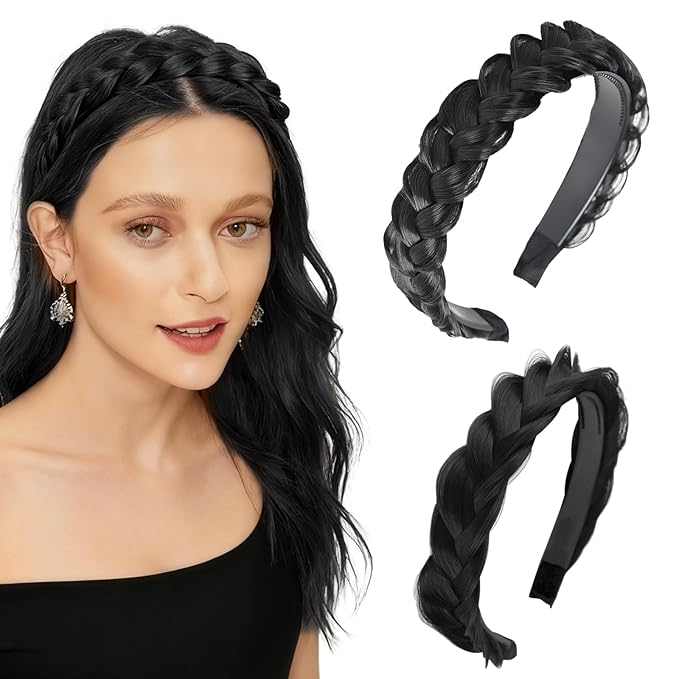 2PC Braided Headband with Tooth – Wide Faux Hair Braid Wig Hairband, Messy Fishbone & Geflochten Haarband Shape – for Women Fashion Accessories for Oktoberfest, Wedding, Parties, Comb Fit(Black)