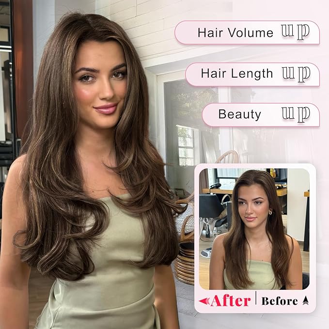 ALXNAN Long Wavy Hair Extensions for Women, Clip in Hair Extensions Clip Ins Soft Full Head Synthetic Hairpieces 20 Inch Medium Ash Brown