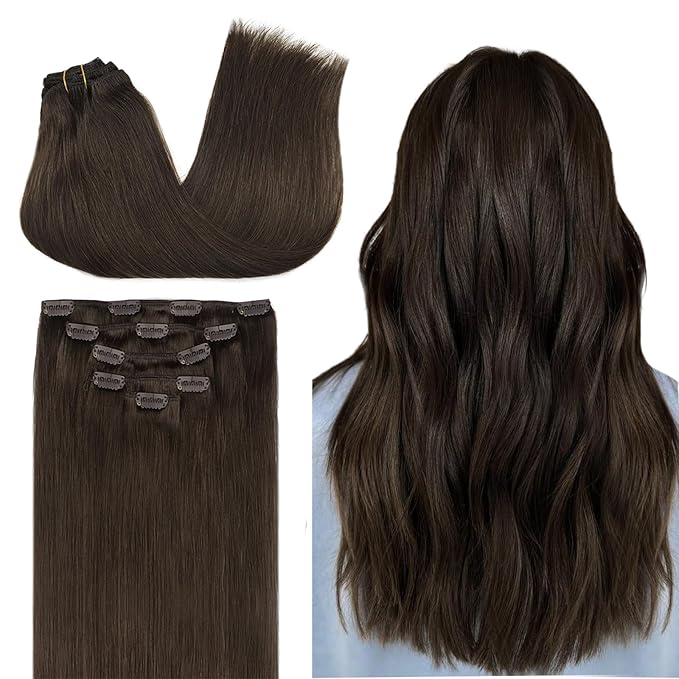 DOORES Human Hair Extensions Clip in, 5pcs 75g Light Dark Brown 14 Inch Remy Clip in Hair Extensions Natural Hair Extensions Straight