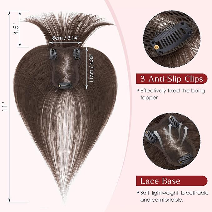 Human Hair Topper with Bangs for Women, 360° Cover Clip in Fringe Bangs Hair Toppers Hair Piece Dark Brown-3.15x4.33 Hand-tied Base (Dark Brown)