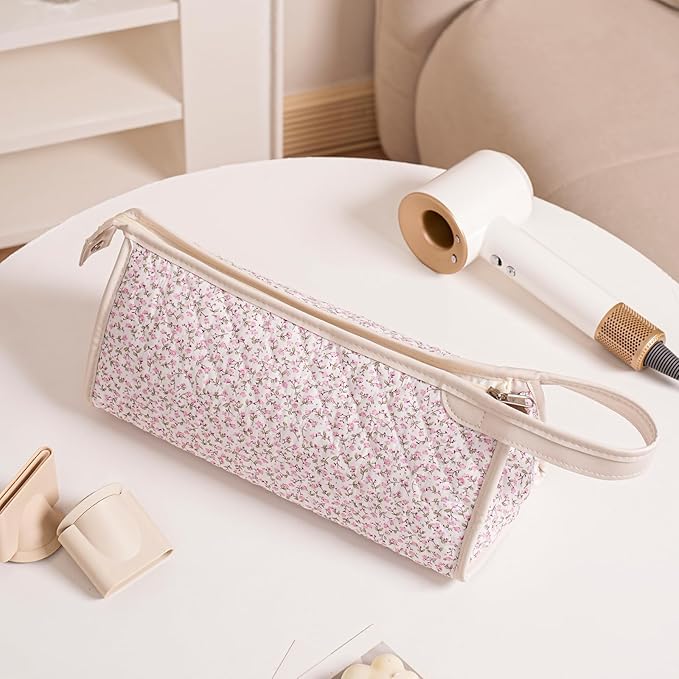 Large Quilted Hair Tools Travel Bag,Aesthetic Hair Styling Accessories Storage Case for Flat Irons,Straightener,Curling Iron,Hair Dryer,Dyson Airwrap Travle Bag（06Small Pink Flower）