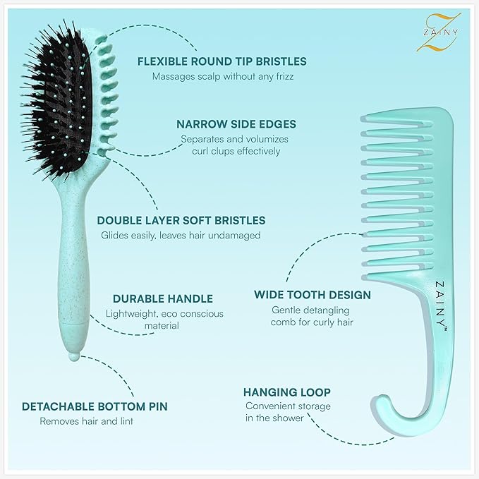 ZAINY Curl Defining Curly Hair Brush 2 PC Set, Wide Tooth Comb for Curls, Detangler Wet Hairbrush & Shower Comb for Wavy Hair Styling, Detangling Gift Sets for Women, Girls, Kids, Toddler, Men - Green