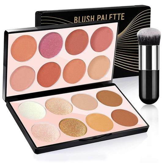 16 Colors Blush Contour Highlighter Makeup Palette, All-in-One Shimmer Silky Matte Mineral Blush Powder Palette, Face Sculpting Bronzer Blusher Illuminator Palette for a Natural Glowing