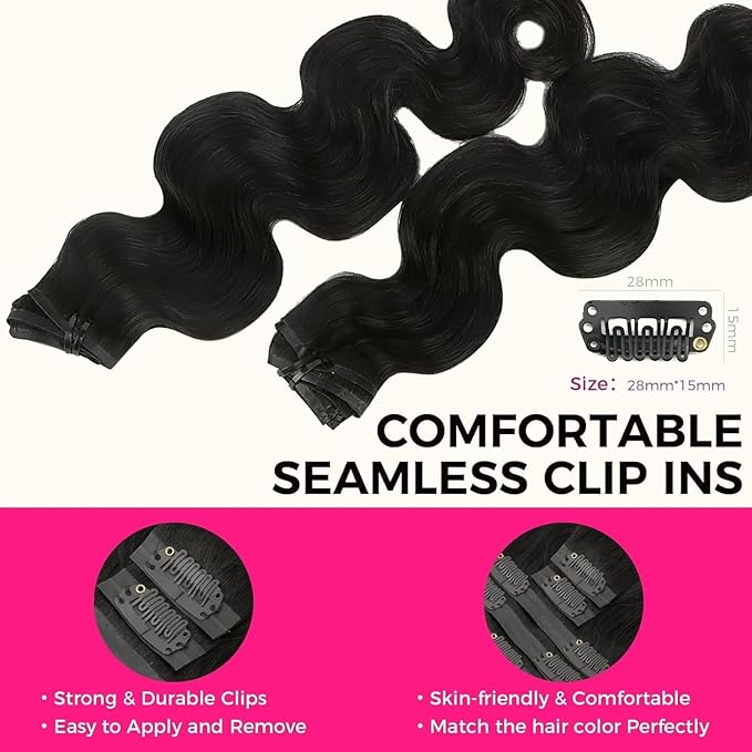 Lashey Seamless Clip in Hair Extensions Human Hair 7pcs 110g Body Wave 16 Inch Natural Black Clip in Hair Extensions with Invisi Edge for Women