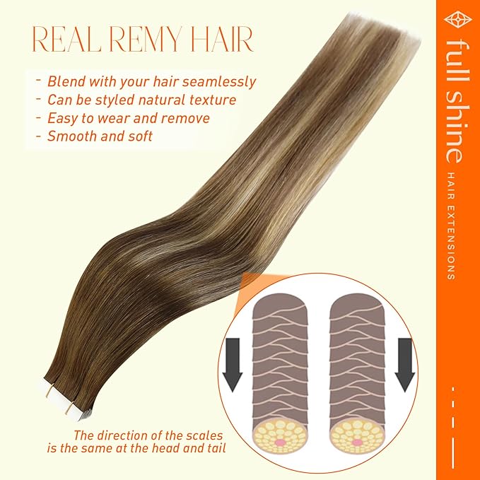 Full Shine Seamless Tape In Hair Extensions Human Hair Balayage Color Ombre Brown And Blonde 4/27/60/8 Soft Natural Hair Extensions Tape In 20 Inch Double Sided 50 Gram 20 Pcs Add Length