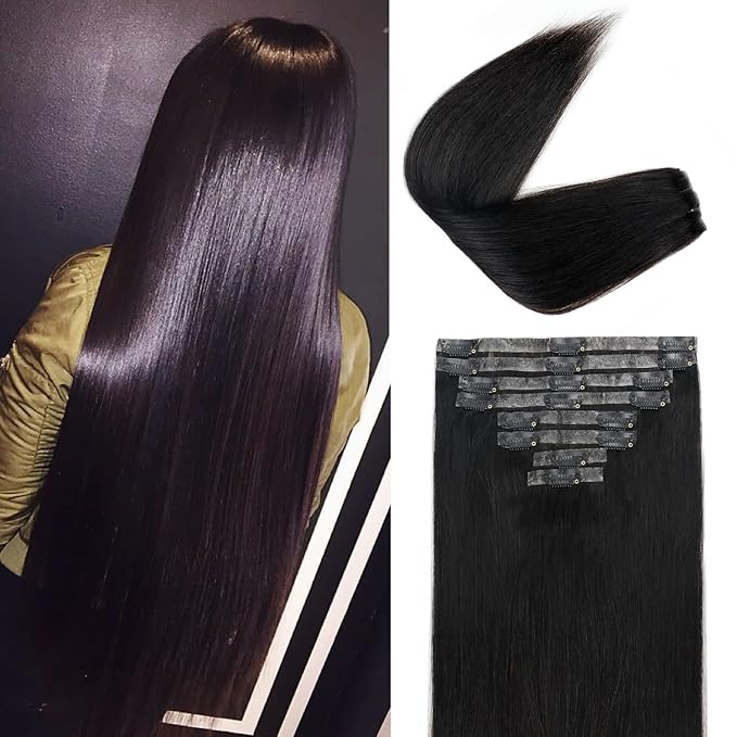 Injected Clip in Hair Extensions Real Human Hair Invisible Hand-Tied Weft Hair Extensions Clip in Human Hair Straight Seamless Clip ins for Women 8Pcs 120g 14inch #1B Natural Black