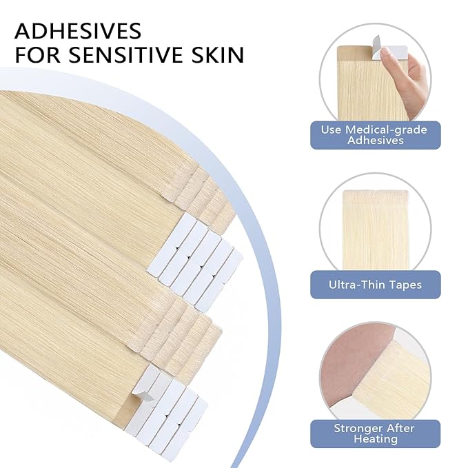 COOKAYU Invisible Tape in Hair Extensions, Invisi Edge Tape in Hair Platinum Blonde 50g 20pcs 22Inch Seamless Human Hair Extensions Straight